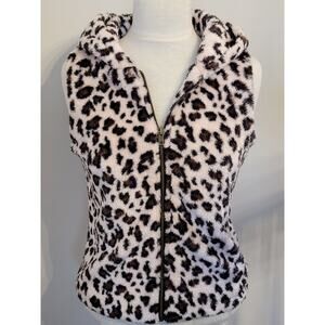 Leopard Animal Print Plush Faux Fur Hooded Vest Sleeveless Jacket Zip Up SMALL